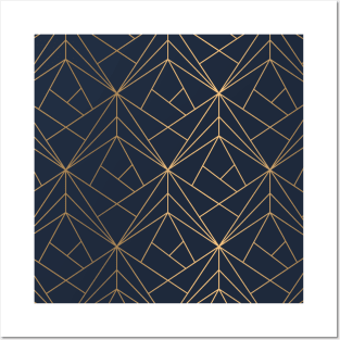 Elegant Geometric Copper Navy Blue Posters and Art